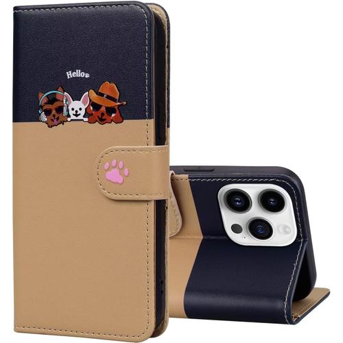 Tfnn Mignon Chat Chien Coque Pour Iphone 13 Pro Max,Housse Etui Cuir Pu Portefeuille Dessins Animés Ave Fonction Support Magnétique Béquille Porte Cartes Case