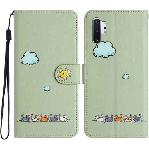 Tfnn Mignon Chat Nuage Coque Pour Samsung Galaxy Note 10 Plus,Housse Etui Cuir Pu Portefeuille Dessins Animés Ave Fonction Support Magnétique Béquille Porte Cartes Case