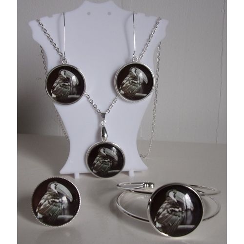 Parure Argentée 4 Pièces Cabochon 2,5cm "Toucan Noir Et Blanc