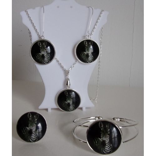 Parure Argentée 4 Pièces Cabochon 2,5cm "Zèbre Noir Et Blanc
