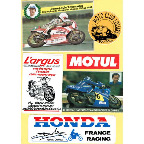 Lot 12 Autocollants Publicitaires Thème Moto : Acsua - L'argus - Bol D'or - 3615mrs - Gp France -Moto Club - Moto Verte - Motul - Pilotes :Dobrecq Honda /Rainey /Sarron/Tournade - Sécurité Routière