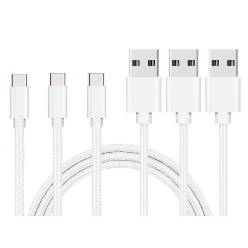 Lot 3 Cables pour Huawei P30 / P30 LITE / P30 PRO / P20 / P20 LITE / P20 PRO / P10 / P9 /MATE 20 /MATE 10 /HONOR VIEW 20 /HONOR VIEW 10 /HONOR PLAY -Cable USB-C Nylon Tresse Argent Blanc [Phonillico]