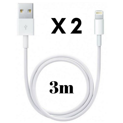 Lot 2 Cables USB Lightning Blanc pour Apple iPhone 11 / 11 PRO / 11 PRO MAX / X / XS / XS MAX / XR / 8 / 8 PLUS / 7 / 7 PLUS / 6 / 6 PLUS / 5 / 5S / SE - Cable Chargeur Mesure 3 Metres [Phonillico]