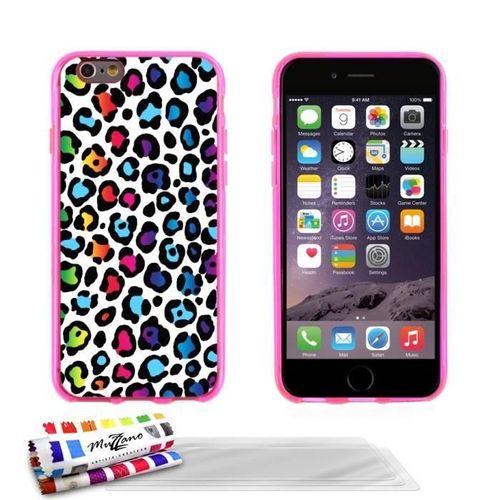 Coque Iphone 6 6s (4"7) Leopard Rainbow Silicone Rose Souple (Tpu) + 3 Films