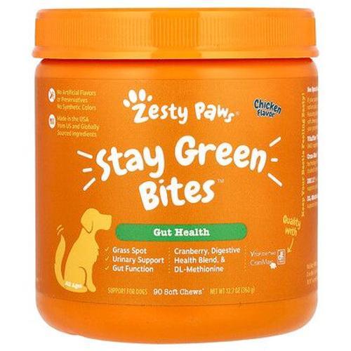 Zesty Paws Stay Green Bites, Santé Intestinale, Pour Chiens, Tous Âges, Poulet, 90 Friandises Molles À Mâcher, 360 G