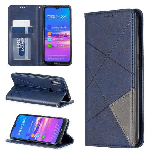 Huawei Y6 2019 Coque, Saturcase Rhombe Pu Cuir Flip Aimant Intégré Portefeuille Support Porte-Carte Protecteur Coque Housse Étui Pour Huawei Y6 2019 / Y6 Prime 2019 (Bleu)