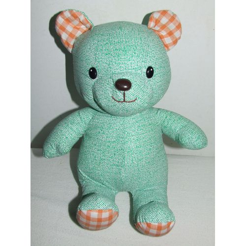 Ours Vert Tomy Doudou Peluche Oreilles Vichy Orange 25 Cm Assis