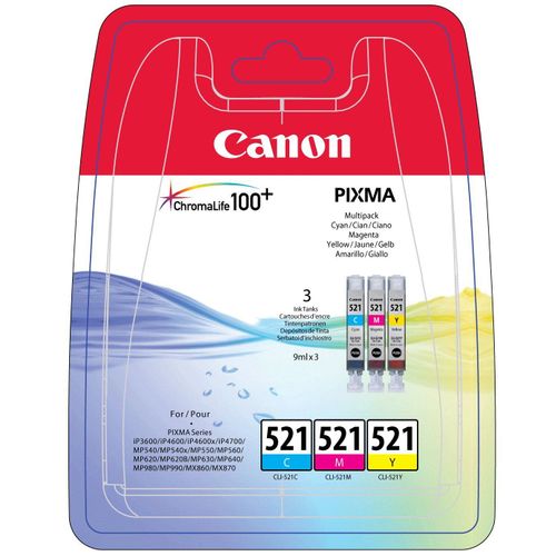 Canon CLI-521 Cartouche C/M/Y Multipack Cyan, Magenta, Jaune (Multipack plastique)