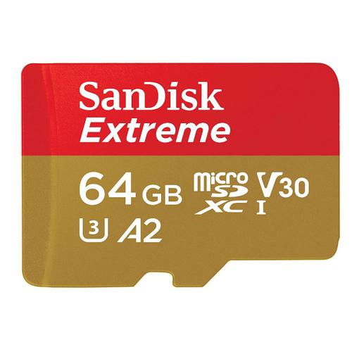 Carte Mémoire microSDXC SanDisk Extreme 64 Go + Adaptateur SD avec Performances Applicatives A2 jusqu'à 160 Mo/s, Classe 10, U3, V30