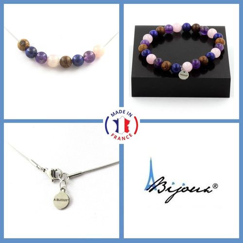 Parure Bracelet Collier Perles Quartz Rose + Améthyste + Lapis Lazuli Taille Personnalisable.