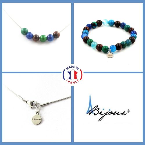 Parure Bracelet Collier Perles Oeil De Tigre Rouge + Chrysocolle + Taille Personnalisable.
