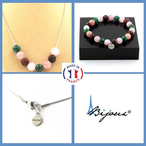 Parure Bracelet Collier Perles Opale Rose + Oeil De Tigre Rouge + Taille Personnalisable.