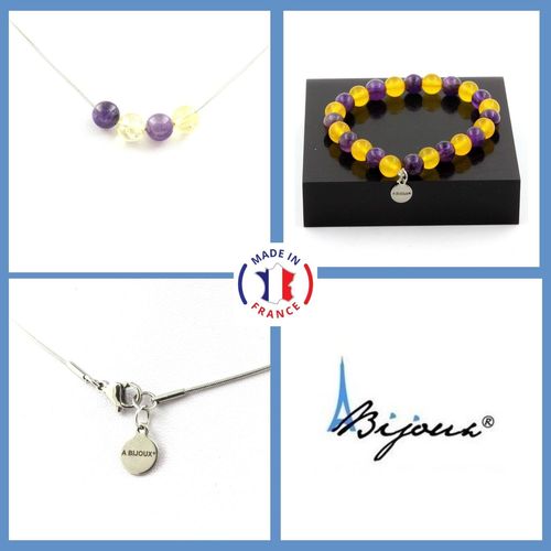 Parure Bracelet Collier 4 Perles Améthyste + Agate Jaune 8 Mm. Chaine Taille Personnalisable.