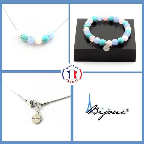 Parure Bracelet Collier Perles Quartz Rose + Aigue-Marine + Howlite Taille Personnalisable.