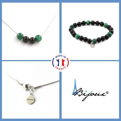 Parure Bracelet Collier Perles Agate Noire + Mica Vert De Tanzanie 8 Taille Personnalisable.