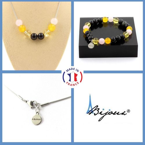 Parure Bracelet Collier Perles Obsidienne Noire + Agate Jaune + Taille Personnalisable.