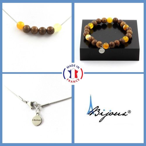 Parure Bracelet Collier Perles Sardonyx Jaune + Bois 8 Mm. Chaine En Taille Personnalisable.