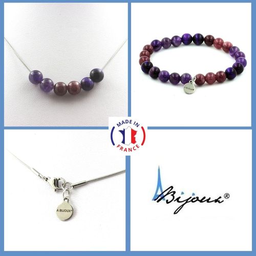 Parure Bracelet Collier Perles Oeil De Tigre Violet + Améthyste + Taille Personnalisable.