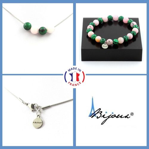 Parure Bracelet Collier Perles Opale Rose + Malachite 8 Mm. Chaine En Taille Personnalisable.