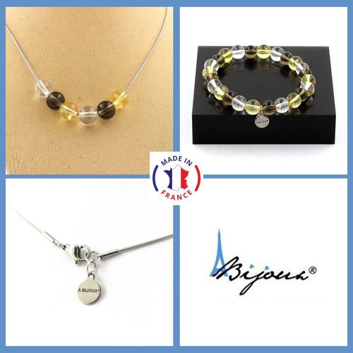 Parure Bracelet Collier Perles Quartz Fumé + Citrine + Quartz 8 Mm. Taille Personnalisable.