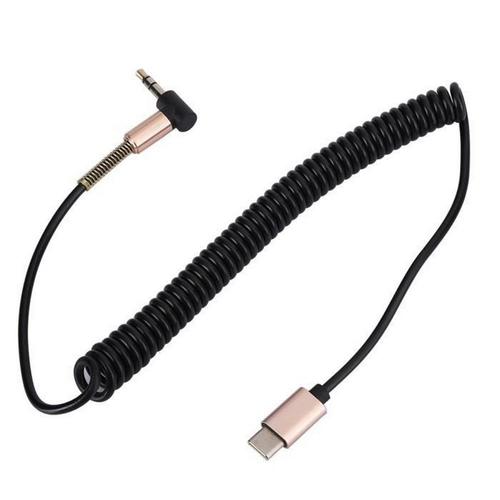 Aux Cable 2Pcs Audio Cable Type-C To 3.5Mm Male Adapter Cord Car Aux Line Elbow Telescopic Spring Black