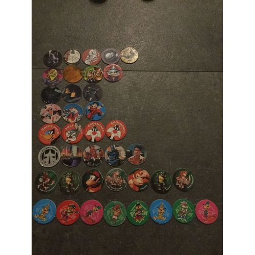 Lot De 39 Pogs Caps Dragon Ball Z, Casper, Pitch`S,Power Rangers, Nintendo, Looney Tunes, Batman, Mad Monster ,