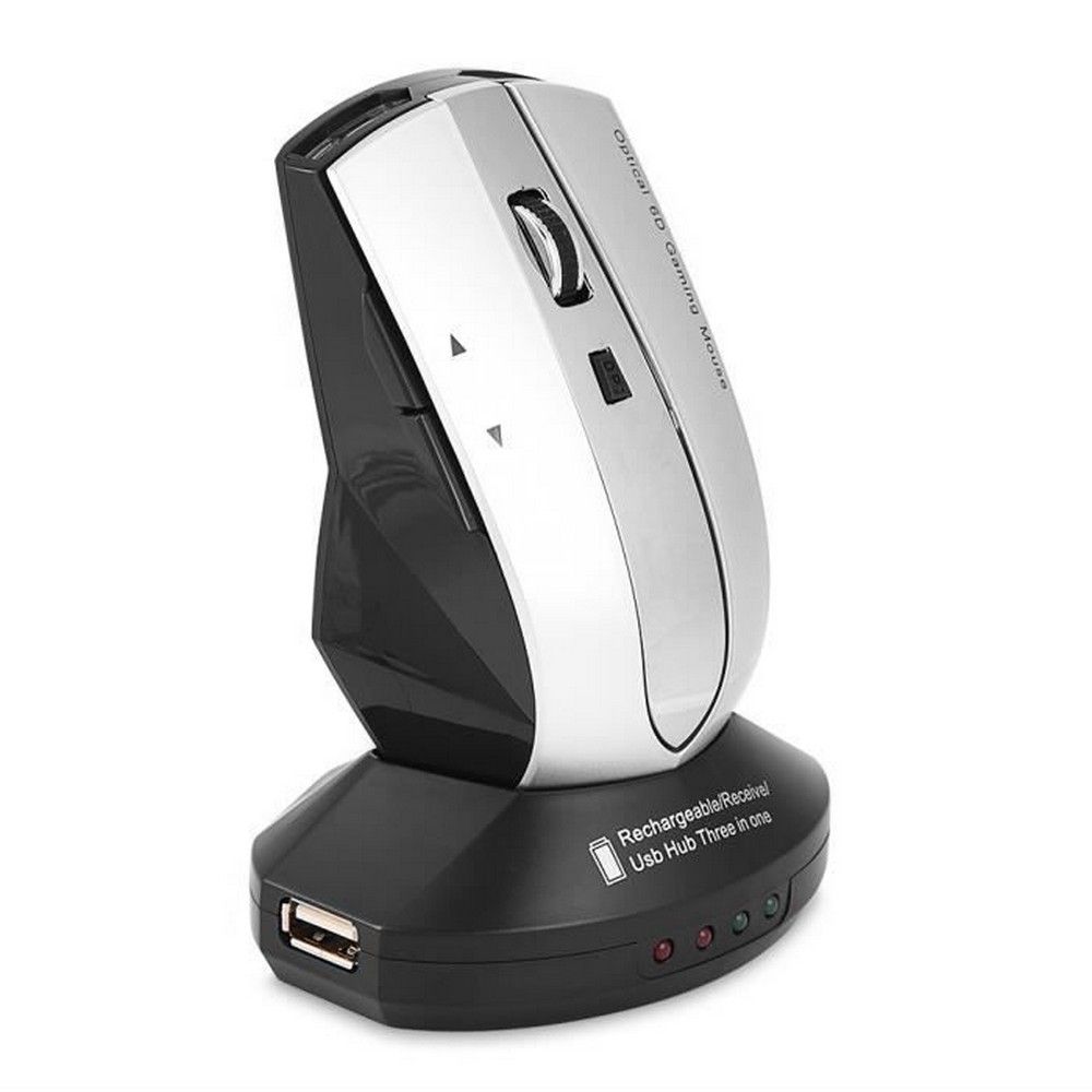 Souris de jeu optique sans fil Rechargeable de 2,4 GHz avec souris rechargeable avec support de station d'accueil USB Hub noir + argent