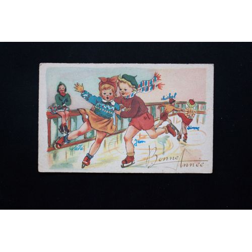 Carte Postale Semi-Moderne Bonne Année - Dessin D'enfants Sur Une Patinoire - A Circulé.