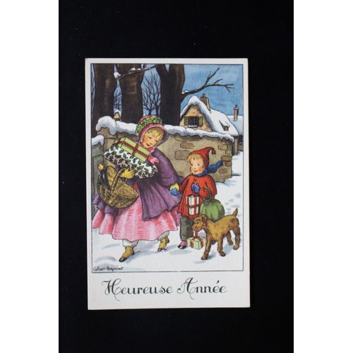 Carte Postale Heureuse Année - Calvet-Rogniat (Enfants Et Chien Avec Cadeaux Et Panier Osier)