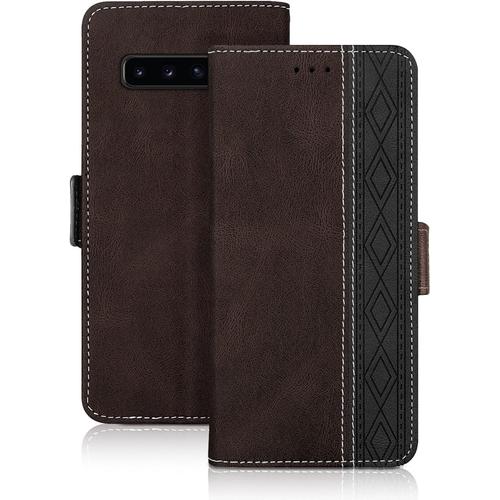 Vaitasy Coque Samsung Galaxy S10 Plus, Haute Qualité Cuir Pu Étui Avec Fente Pour Carte Fonction Support Housse Magnétique Coque Compatible Avec Galaxy S10 Plus, Brun