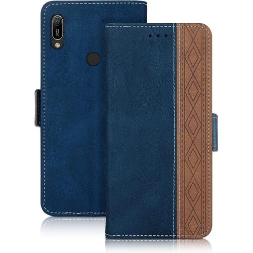 Vaitasy Coque Huawei Y6 2019/ Y6 Pro 2019/ Honor 8a, Haute Qualité Cuir Pu Étui Avec Fente Pour Carte Fonction Support Housse Magnétique Coque Compatible Avec Honor 8a, Bleu