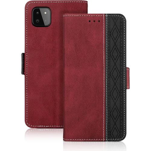 Vaitasy Coque Samsung Galaxy A22 5g, Haute Qualité Cuir Pu Étui Avec Fente Pour Carte Fonction Support Housse Magnétique Coque Compatible Avec Galaxy A22 5g, Rouge