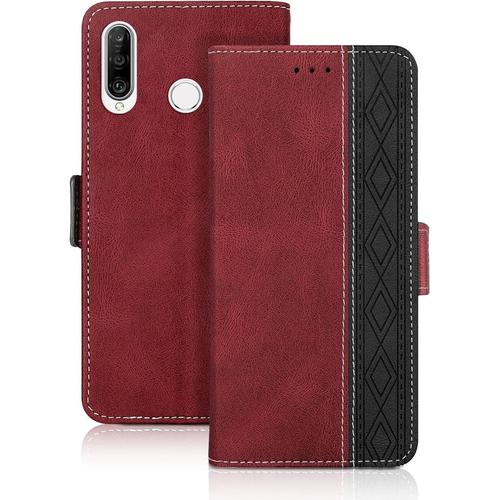 Vaitasy Coque Huawei P30 Lite, Haute Qualité Cuir Pu Étui Avec Fente Pour Carte Fonction Support Housse Magnétique Coque Compatible Avec P30 Lite, Rouge