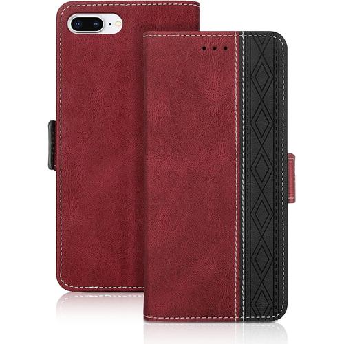 Vaitasy Coque Iphone 8 Plus/ 7 Plus, Haute Qualité Cuir Pu Étui Avec Fente Pour Carte Fonction Support Housse Magnétique Coque Compatible Avec Iphone 7 Plus, Rouge