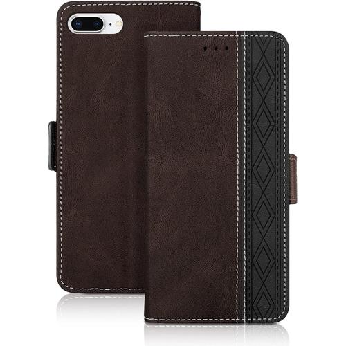 Vaitasy Coque Iphone 8 Plus/ 7 Plus, Haute Qualité Cuir Pu Étui Avec Fente Pour Carte Fonction Support Housse Magnétique Coque Compatible Avec Iphone 7 Plus, Brun