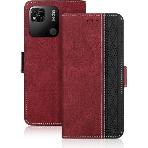 Vaitasy Coque Xiaomi Redmi 9c, Haute Qualité Cuir Pu Étui Avec Fente Pour Carte Fonction Support Housse Magnétique Coque Compatible Avec Redmi 9c, Rouge