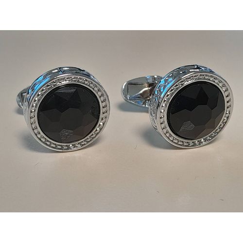 Boutons De Manchettes Disque Avec Verre De Couleurs Argent Et Noire Pour De L'élégance Et De L'originalité...