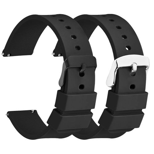2 Pcs Bracelets De Montre En Caoutchouc De Silicone Dégagement Rapide, Boucle En Acier Inoxydable Noir/Argent, Bracelet De Montre Universel De Remplacement Sportif (22 Mm, Bande Noire)