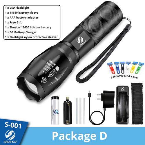 Package D L2-Medium brightness Shustar lampe de poche Led Ultra lumineux torche L2/V6 Camping lumière 5 Mode de commutation étanche Zoomable vélo lumière utiliser 18650 batterie ""Nipseyteko""