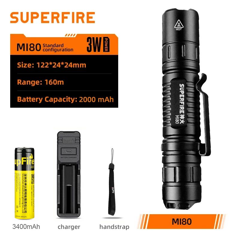 MI80-3400 mAh Set SUPERFIRE-Lampe de poche LED MI80 EDC, batterie 18650, USB C, torche, camping, pêche, lanterne 500LM, meilleur choix, extérieur ""Nipseyteko""