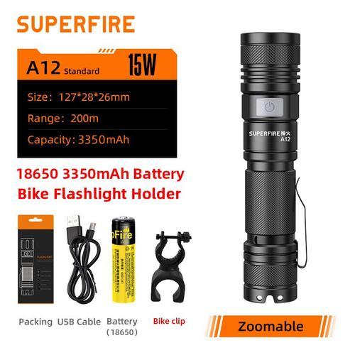 A12-3350mAh-Car Clip SUPERFIRE-Lampe de poche A12 à lumière LED, aste par USB C, zoomable, torche EDC 18650, 5 modes d'éclairage, lanterne pour camping et pêche ""Nipseyteko""