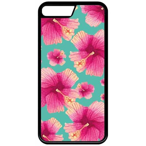 Coque Pour Iphone Se 2022 - Hibiscus Fond Turquoise - Silicone - Noir