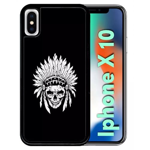 Coque Pour Iphone X - Tete De Mort Coiffe Indienne Noir Et Blanc - Noir