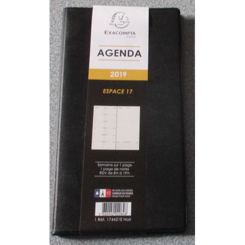 Agenda De Poche 2019 Exacompta Espace 17-Janvier À Décembre-Semaine Sur 1 Page-Coins Détachables-Couverture Amovible En Pvc Lisse Noir-Répertoire Téléphonique Indexé Amovible-9.5x18cm