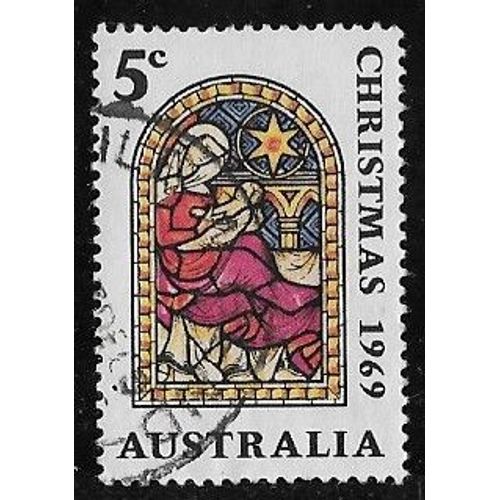 Timbre DAustralie N°392 Y & T 5 C. Polychrome Noël La Nativité Vitrail