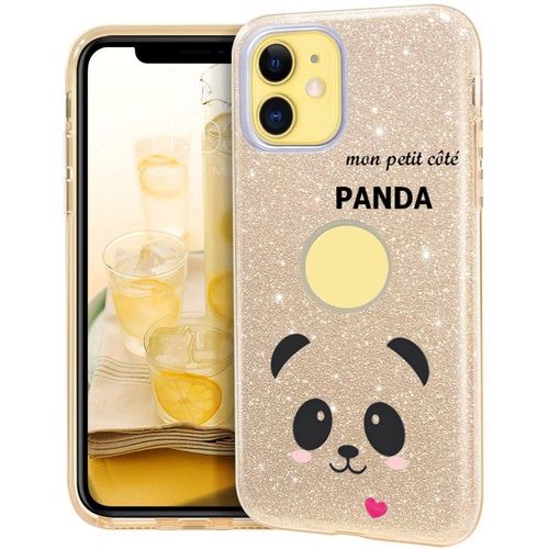 Coque Iphone 11 Pro Max Glitter Paillettes Dore Panda Coeur Rose Cute Kawaii