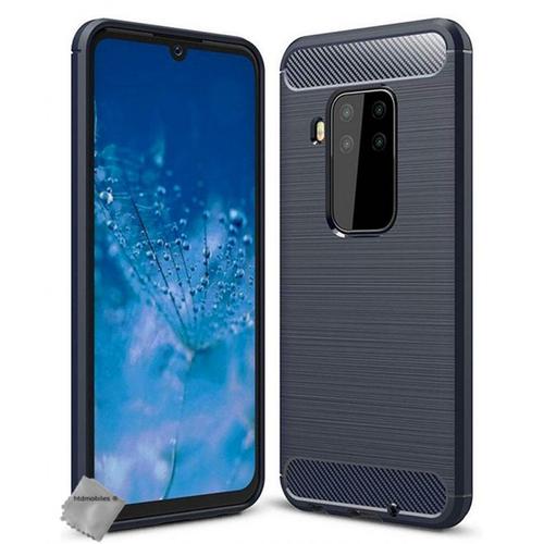 Housse Etui Coque Silicone Gel Carbone Pour Motorola One Zoom + Verre Trempe - Bleu Fonce