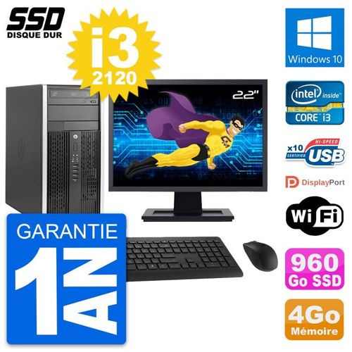 PC Tour HP 6300 CMT Ecran 22" Intel i3-2120 RAM 4Go SSD 960Go Windows 10 Wifi