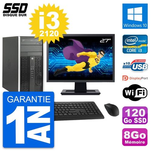 PC Tour HP 6300 CMT Ecran 27" Intel i3-2120 RAM 8Go SSD 120Go Windows 10 Wifi