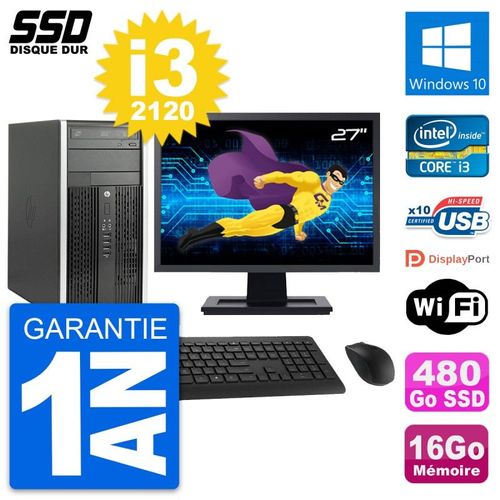 PC Tour HP 6300 CMT Ecran 27" Intel i3-2120 RAM 16Go SSD 480Go Windows 10 Wifi